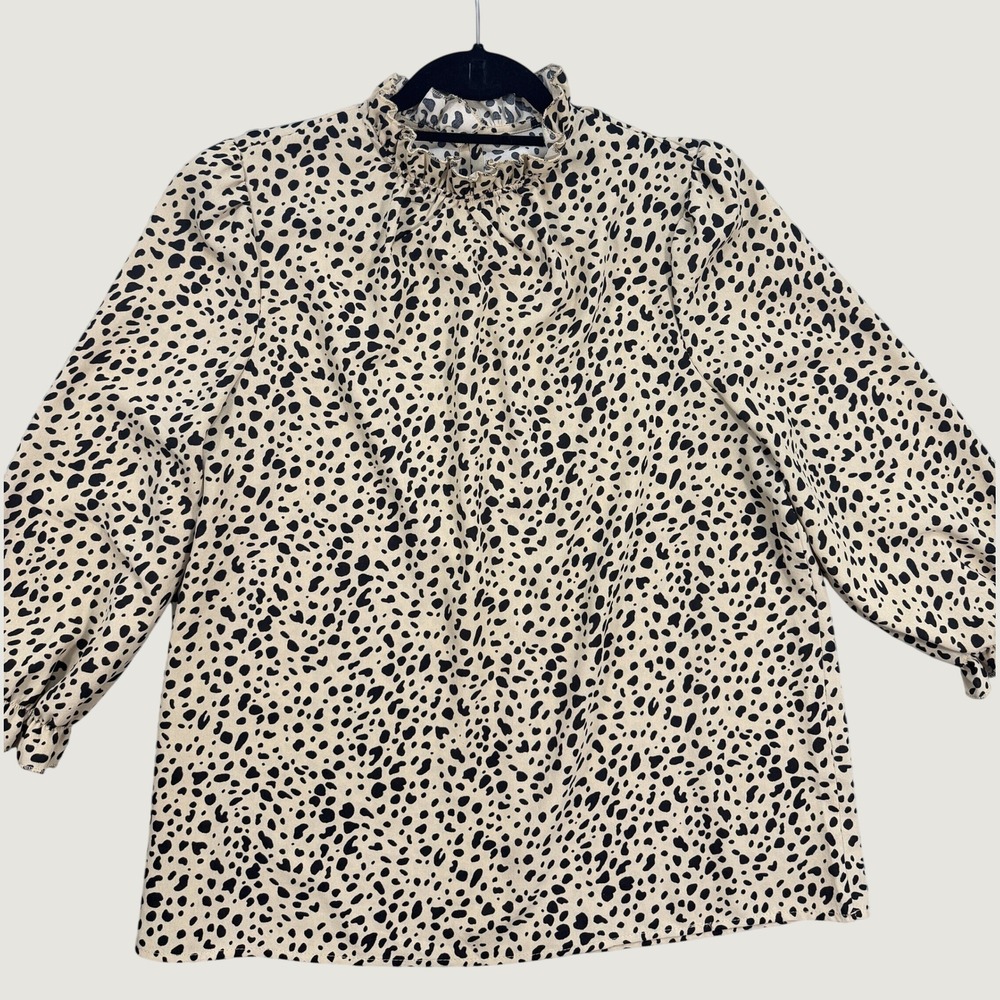 Animal Print Mock Neck Blouse Women L Cream Black Ruffle Dalmatian Excellent